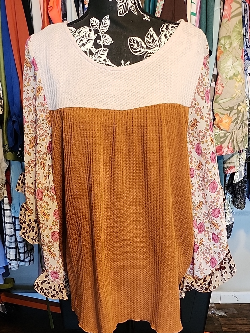 Umgee Cream & Brown Floral Sleeve Waffle Tunic